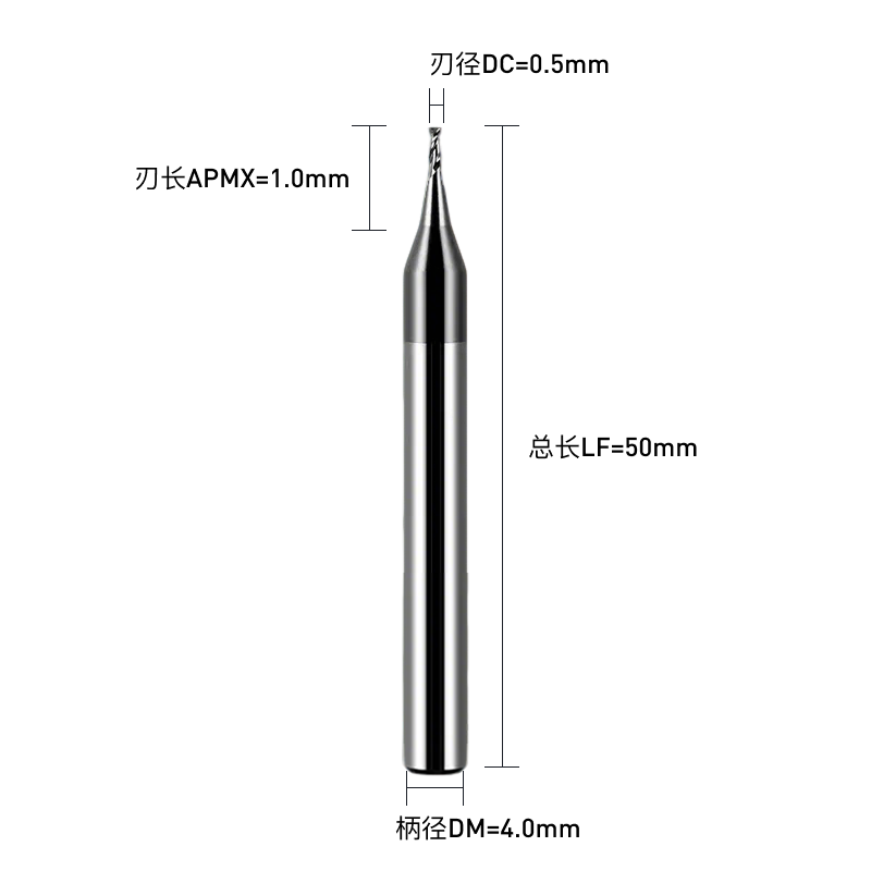 铣削刀具  平底铣刀(端铣刀)  DC0.5刃径DC  2F刃数 S30°关键参数 C直柄  DC0.5*2F*S30°-C-PRECISE