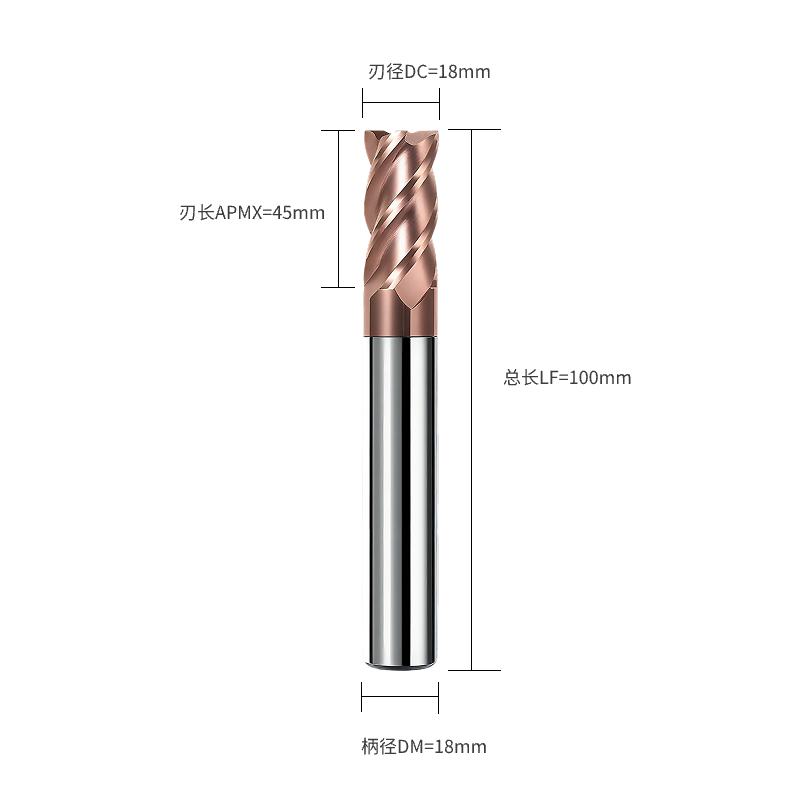 铣削刀具  平底铣刀(端铣刀)  DC18.0刃径  4F刃数 S30°关键参数 C直柄  DC18.0*4F*C-S30°