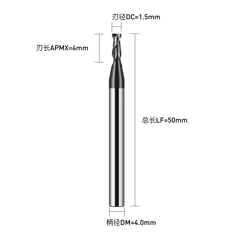 铣削刀具  平底铣刀(端铣刀)  DC1.5刃径DC  2F刃数 S30°关键参数 C直柄  DC1.5*2F*S30°-C