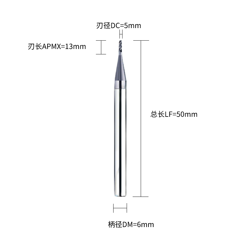 铣削刀具  平底铣刀(端铣刀)  DC5.0刃径  4F刃数 S30°关键参数 C直柄  DC5.0*4F*S30°-C-POWER