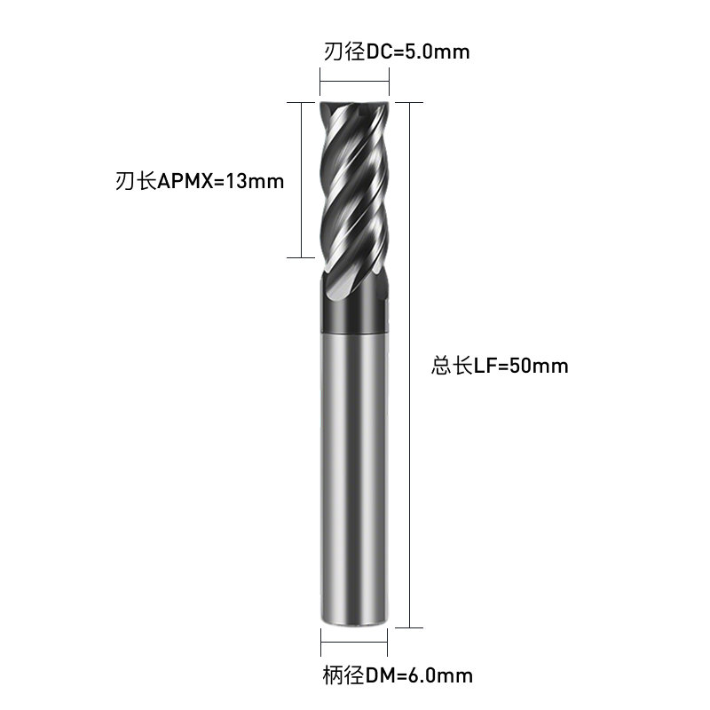 铣削刀具  平底铣刀(端铣刀)  DC5.0刃径  4F刃数 S30°关键参数 C直柄  DC5.0*4F*S30°-C-PRECISE