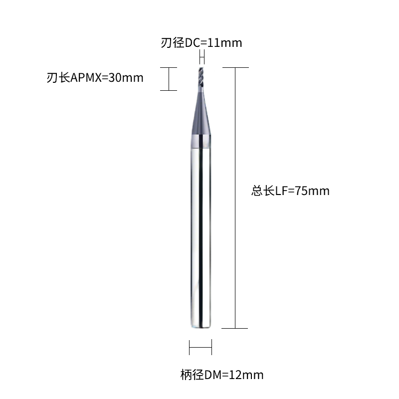 铣削刀具  平底铣刀(端铣刀)  DC11.0刃径  4F刃数 S30°关键参数 C直柄  DC11.0*4F*S30°-C-POWER