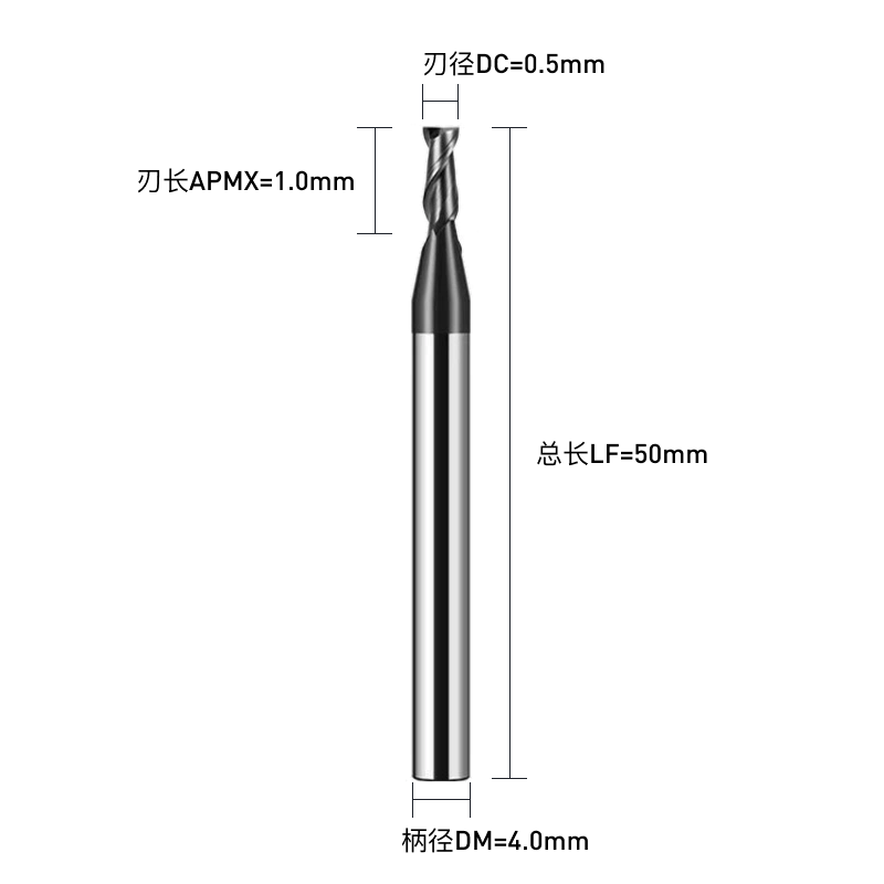铣削刀具  平底铣刀(端铣刀)  DC0.5刃径DC  2F刃数 S30°关键参数 C直柄  DC0.5*2F*S30°-C