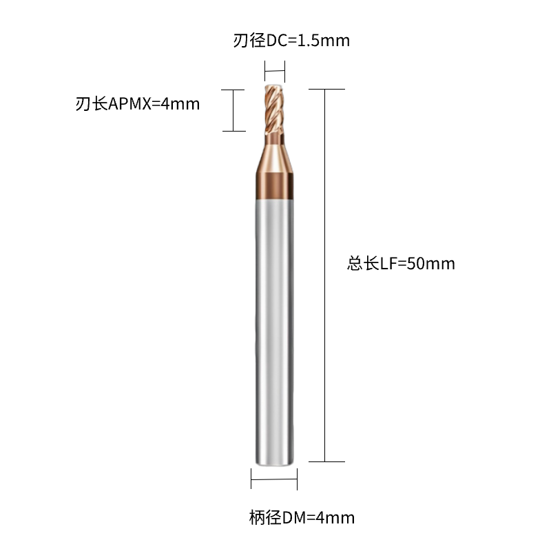 铣削刀具  圆鼻铣刀(圆角)  DC1.5刃径DC  4F刃数 R0.2关键参数 C直柄  DC1.5*4F*R0.2-C-ULTRA