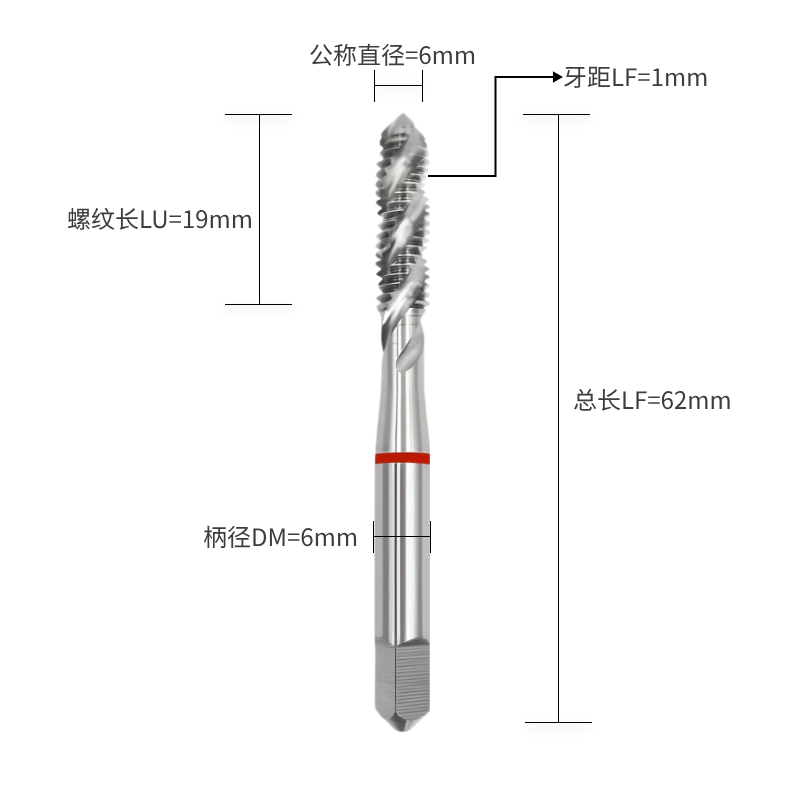 H结构类型-M螺纹类型6公称直径*1.00牙距  H-M6*1.00 螺旋丝锥