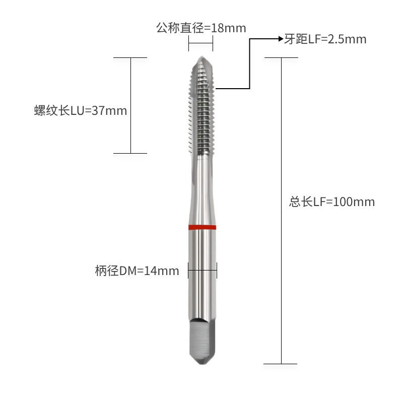 P结构类型-M螺纹类型18.0公称直径*2.50牙距  P-M18.0*2.50 先端丝锥（刃倾角丝锥或螺尖丝锥）